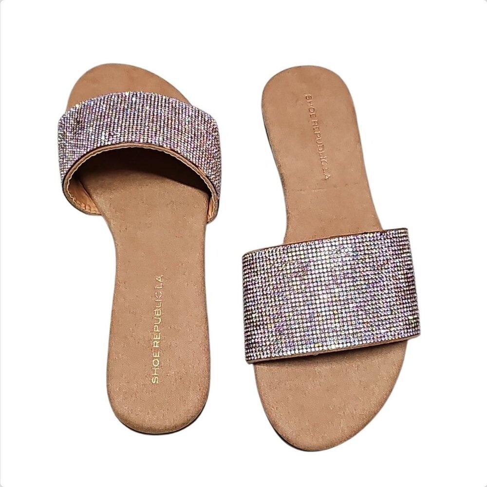 Rhinestone Embellished Slide Sandals Womens Sparkling Flat Slip-On Shoes